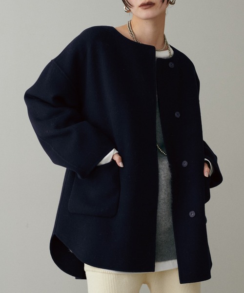 セール】【LARUTA】ラウンドヘムWフェイスリバーコート（ノーカラー