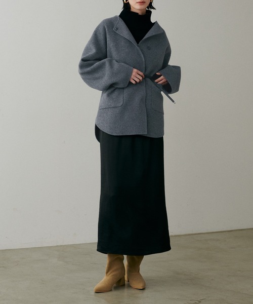 セール】【LARUTA】ラウンドヘムWフェイスリバーコート（ノーカラー