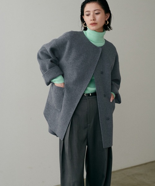 セール】【LARUTA】ラウンドヘムWフェイスリバーコート（ノーカラー