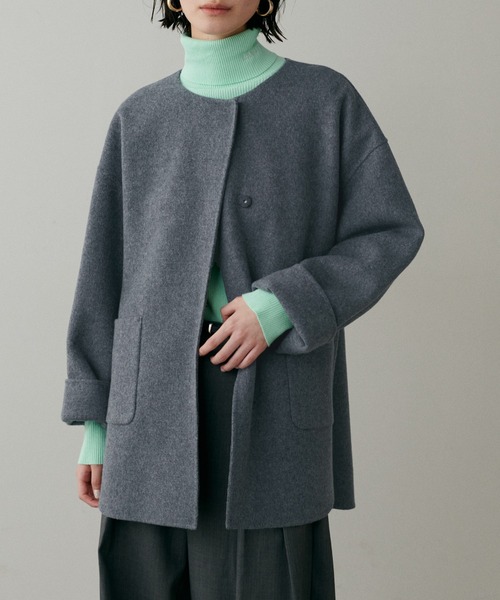 セール】【LARUTA】ラウンドヘムWフェイスリバーコート（ノーカラー