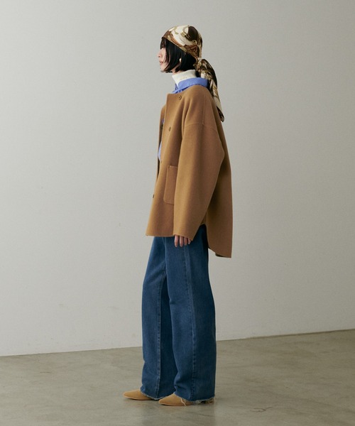 セール】【LARUTA】ラウンドヘムWフェイスリバーコート（ノーカラー