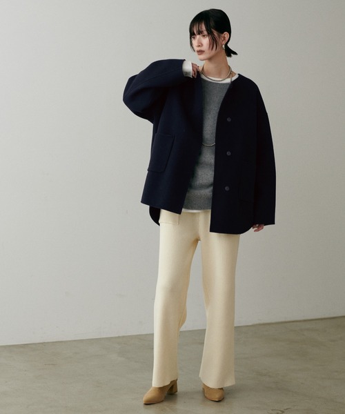 セール】【LARUTA】ラウンドヘムWフェイスリバーコート（ノーカラー