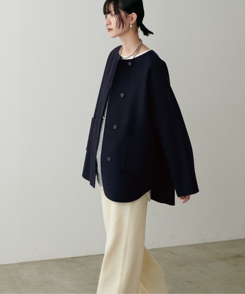 セール】【LARUTA】ラウンドヘムWフェイスリバーコート（ノーカラー