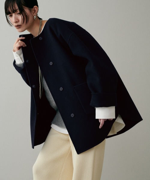 セール】【LARUTA】ラウンドヘムWフェイスリバーコート（ノーカラー