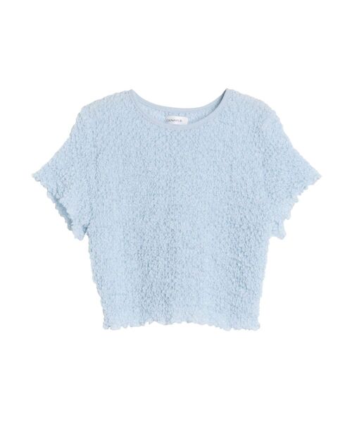 CALNAMUR(カルナムール)の「SHINY TEXTURE CROPPED PO/シャイニーテクスチャークロップドプルオーバー(Tシャツ/カットソー・レディース・ピンク/ブルー/ライトイエロー・FREE)」の2枚目の写真