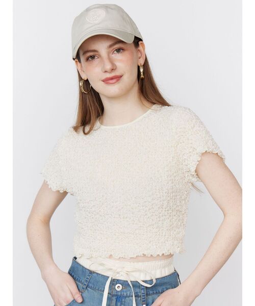 CALNAMUR(カルナムール)の「SHINY TEXTURE CROPPED PO/シャイニーテクスチャークロップドプルオーバー(Tシャツ/カットソー・レディース・ピンク/ブルー/ライトイエロー・FREE)」の8枚目の写真