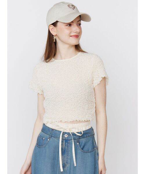 CALNAMUR(カルナムール)の「SHINY TEXTURE CROPPED PO/シャイニーテクスチャークロップドプルオーバー(Tシャツ/カットソー・レディース・ピンク/ブルー/ライトイエロー・FREE)」の9枚目の写真