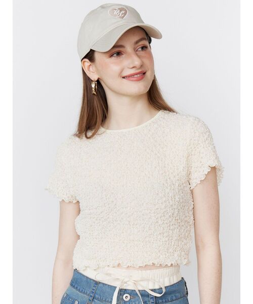 CALNAMUR(カルナムール)の「SHINY TEXTURE CROPPED PO/シャイニーテクスチャークロップドプルオーバー(Tシャツ/カットソー・レディース・ピンク/ブルー/ライトイエロー・FREE)」の11枚目の写真