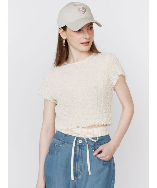 CALNAMUR(カルナムール)の「SHINY TEXTURE CROPPED PO/シャイニーテクスチャークロップドプルオーバー(Tシャツ/カットソー・レディース・ピンク/ブルー/ライトイエロー・FREE)」の13枚目の写真