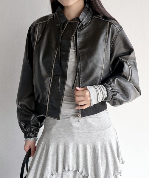 UNE MANSION（ユヌマンション）の「セミクロップドバイカラービンテージライクブルゾンライダースジャケット（ブルゾン・レディース・ブラック/アイボリー/ダークブラウン・FREE）」の15枚目の写真