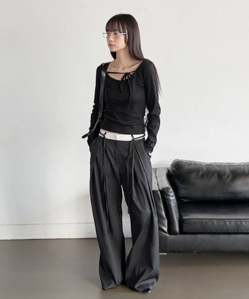 UNE MANSION（ユヌマンション）の「【オフィスルック/デイリールック】バイカラーカジュアルリボンロング丈スラックス（スラックス・レディース・ブラック/グレー/ベージュ・LARGE/MEDIUM/SMALL）」の14枚目の写真