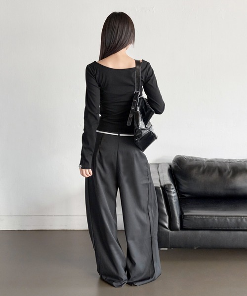 UNE MANSION（ユヌマンション）の「【オフィスルック/デイリールック】バイカラーカジュアルリボンロング丈スラックス（スラックス・レディース・ブラック/グレー/ベージュ・LARGE/MEDIUM/SMALL）」の19枚目の写真