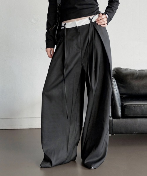 UNE MANSION（ユヌマンション）の「【オフィスルック/デイリールック】バイカラーカジュアルリボンロング丈スラックス（スラックス・レディース・ブラック/グレー/ベージュ・LARGE/MEDIUM/SMALL）」の7枚目の写真