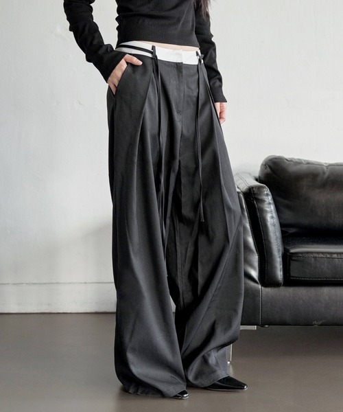 UNE MANSION（ユヌマンション）の「【オフィスルック/デイリールック】バイカラーカジュアルリボンロング丈スラックス（スラックス・レディース・ブラック/グレー/ベージュ・LARGE/MEDIUM/SMALL）」の9枚目の写真