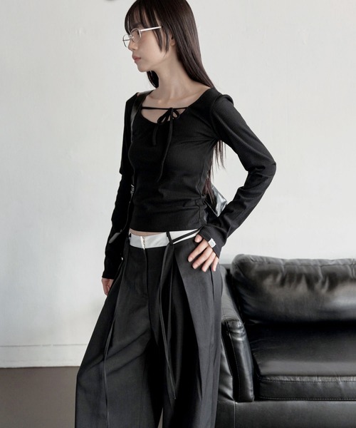 UNE MANSION（ユヌマンション）の「【オフィスルック/デイリールック】バイカラーカジュアルリボンロング丈スラックス（スラックス・レディース・ブラック/グレー/ベージュ・LARGE/MEDIUM/SMALL）」の11枚目の写真