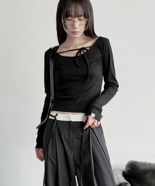 UNE MANSION（ユヌマンション）の「【オフィスルック/デイリールック】バイカラーカジュアルリボンロング丈スラックス（スラックス・レディース・ブラック/グレー/ベージュ・LARGE/MEDIUM/SMALL）」の12枚目の写真