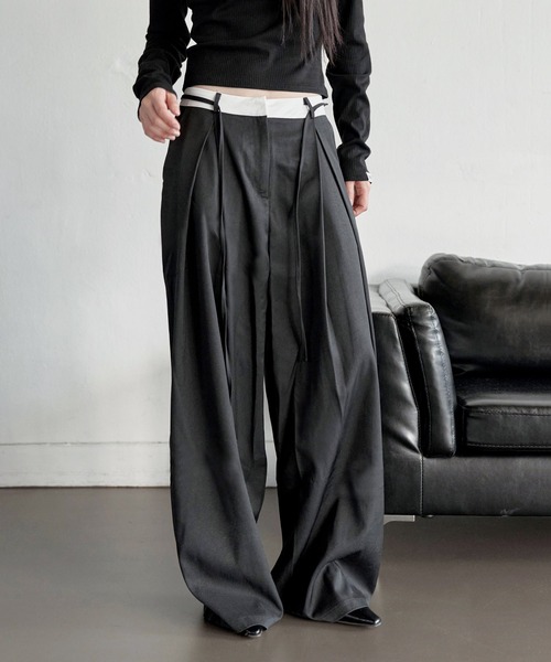 UNE MANSION（ユヌマンション）の「【オフィスルック/デイリールック】バイカラーカジュアルリボンロング丈スラックス（スラックス・レディース・ブラック/グレー/ベージュ・LARGE/MEDIUM/SMALL）」の4枚目の写真