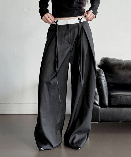 UNE MANSION（ユヌマンション）の「【オフィスルック/デイリールック】バイカラーカジュアルリボンロング丈スラックス（スラックス・レディース・ブラック/グレー/ベージュ・LARGE/MEDIUM/SMALL）」の5枚目の写真