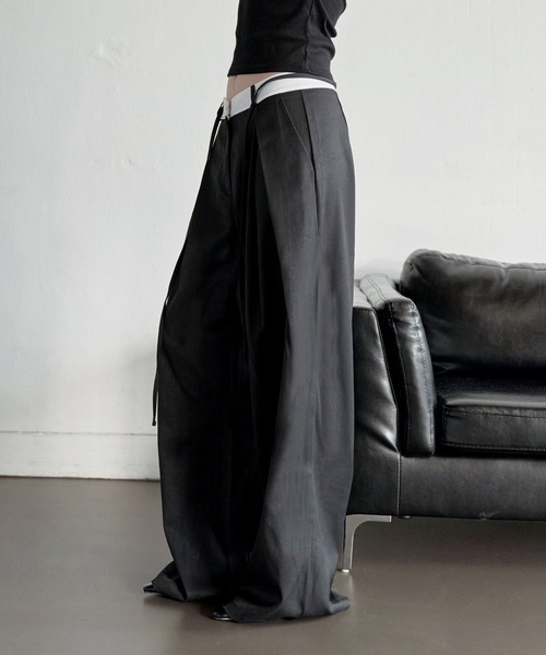 UNE MANSION（ユヌマンション）の「【オフィスルック/デイリールック】バイカラーカジュアルリボンロング丈スラックス（スラックス・レディース・ブラック/グレー/ベージュ・LARGE/MEDIUM/SMALL）」の6枚目の写真