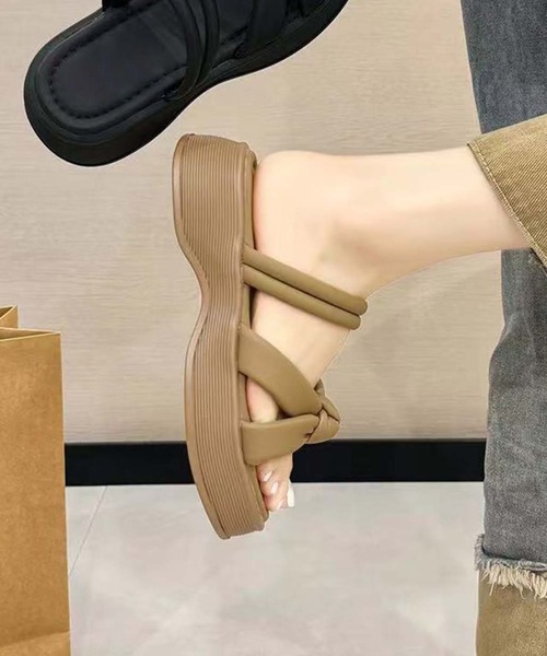 shoes365(シューズスリーシックスファイヴ)の「【shoes 365】リボンデザインダブルストラップ厚底サンダル (SS)(サンダル・レディース・ベージュ/オフホワイト/ブラック・22.5cm/23.0cm/23.5cm/24.0cm/24.5cm/25.0cm)」の1枚目の写真
