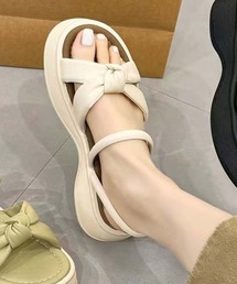 【shoes 365】リボンデザインダブルストラップ厚底サンダル (SS)