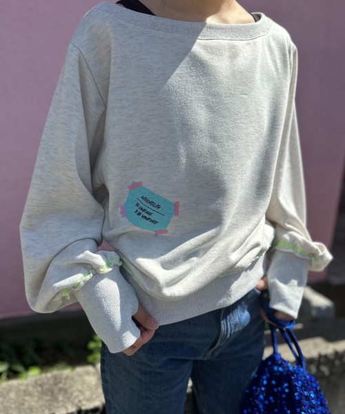 Vintageライク フィンガーホール付き ワンポイントロゴ 2WAY オフショルスウェット