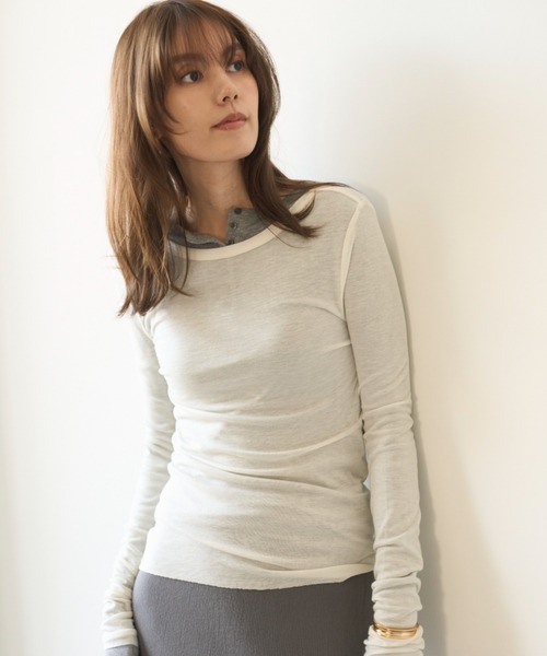 Mila Owen（ミラオーウェン）の「ウール混ボートネック後ろあきシアーロンT（Tシャツ/カットソー・レディース・ホワイト/イエロー/グレー/ブルー・0/1）」の6枚目の写真