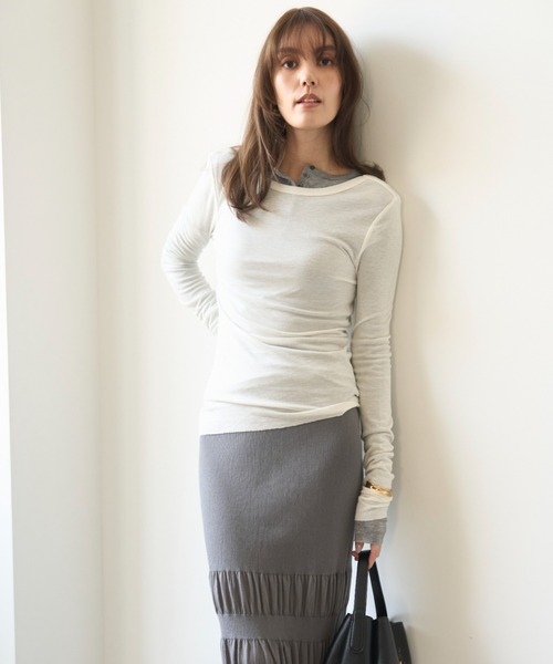 Mila Owen（ミラオーウェン）の「ウール混ボートネック後ろあきシアーロンT（Tシャツ/カットソー・レディース・ホワイト/イエロー/グレー/ブルー・0/1）」の7枚目の写真