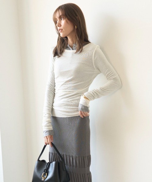 Mila Owen（ミラオーウェン）の「ウール混ボートネック後ろあきシアーロンT（Tシャツ/カットソー・レディース・ホワイト/イエロー/グレー/ブルー・0/1）」の9枚目の写真