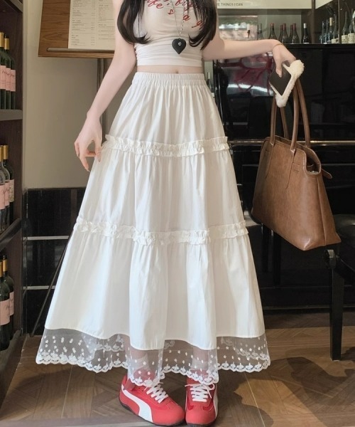 gossip!ロサンゼルス(ゴシップロサンゼルス)の「ヴィンテージ風 無地レースフリルティアードスカート(スカート・レディース・ホワイト・FREE)」の1枚目の写真