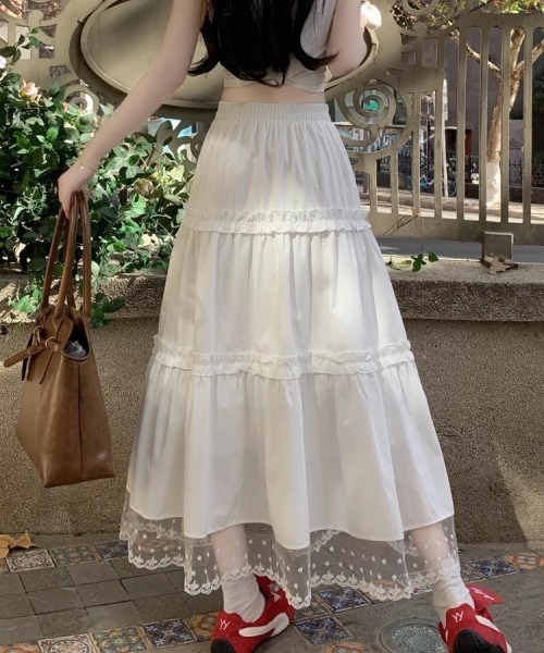 gossip!ロサンゼルス(ゴシップロサンゼルス)の「ヴィンテージ風 無地レースフリルティアードスカート(スカート・レディース・ホワイト・FREE)」の12枚目の写真
