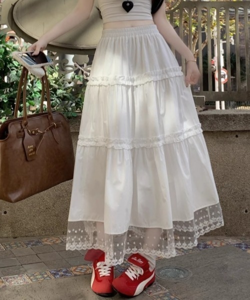 gossip!ロサンゼルス(ゴシップロサンゼルス)の「ヴィンテージ風 無地レースフリルティアードスカート(スカート・レディース・ホワイト・FREE)」の14枚目の写真