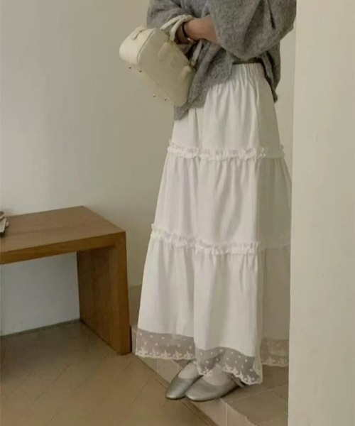 gossip!ロサンゼルス(ゴシップロサンゼルス)の「ヴィンテージ風 無地レースフリルティアードスカート(スカート・レディース・ホワイト・FREE)」の22枚目の写真
