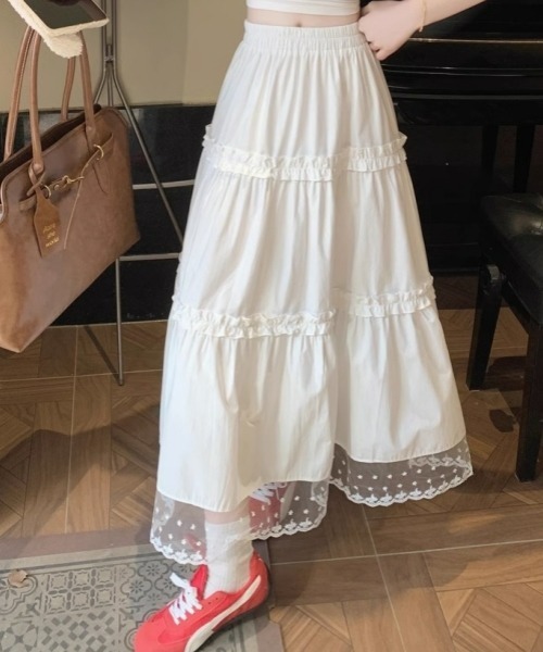 gossip!ロサンゼルス(ゴシップロサンゼルス)の「ヴィンテージ風 無地レースフリルティアードスカート(スカート・レディース・ホワイト・FREE)」の15枚目の写真