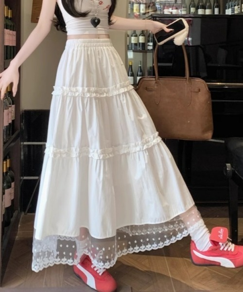 gossip!ロサンゼルス(ゴシップロサンゼルス)の「ヴィンテージ風 無地レースフリルティアードスカート(スカート・レディース・ホワイト・FREE)」の4枚目の写真