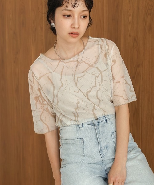 Bab(バブ)の「前後2WAYマーブルシアーメッシュトップス(Tシャツ/カットソー・レディース・アイボリー/ベージュ/モカ・FREE)」の7枚目の写真
