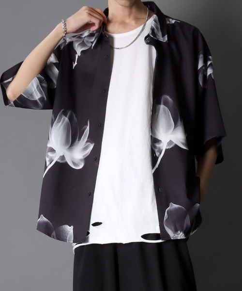 セール】Flower ＆ Butterfly Monotone Print Shirt/モノトーン