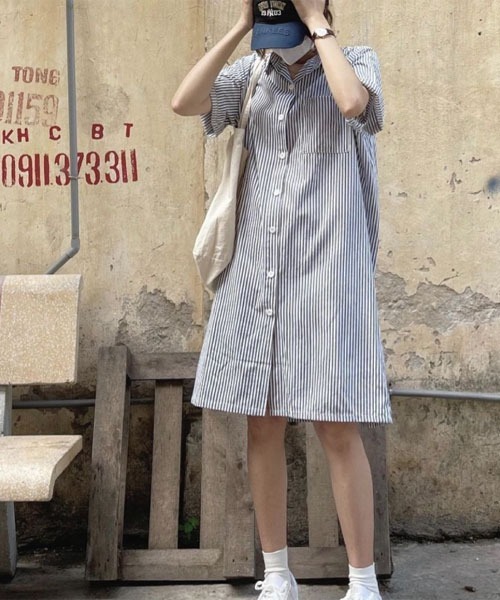 urge：（アージコロン ）の「【URGE：】ストライプ 半袖 シャツ ワンピース（シャツワンピース・レディース・ブラック/ブルー・SMALL/MEDIUM/LARGE/X-LARGE）」の2枚目の写真