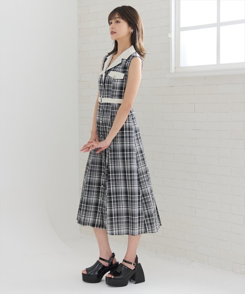 オレボレブラ　アルベロベロ　ノーカラーシャツワンピース　タータンチェック　リネン オレボレブラ アルベロベロ ノーカラーシャツワンピース
