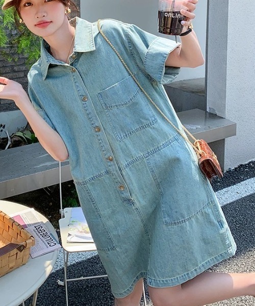 FAVORITO(ファヴォリート)の「ショートデニムワンピース(ワンピース・レディース・ダークブルー/ライトブルー・XL/L/M/S)」の7枚目の写真