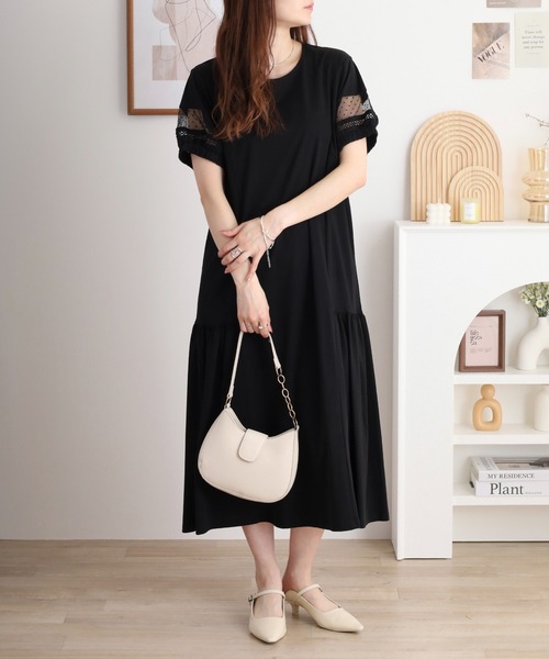 Anna Nicola(アンナニコラ)の「Anna Nicola 袖ドット切り替えデザインジャージー半袖ワンピース(ワンピース・レディース・チャコールグレー/グレー/ブラック・38)」の2枚目の写真