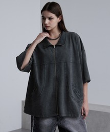 【cussil/クシル】硫化染めフェード加工 切り替えデザインフルジップ半袖Tシャツ