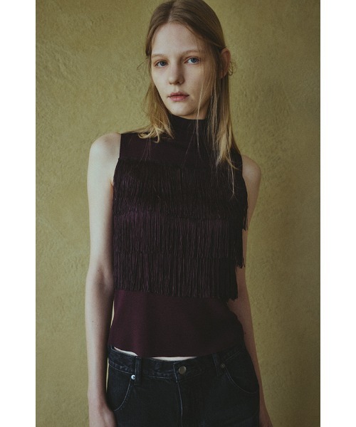 Fringe N/S knit tops フリンジノースリーブニットトップス