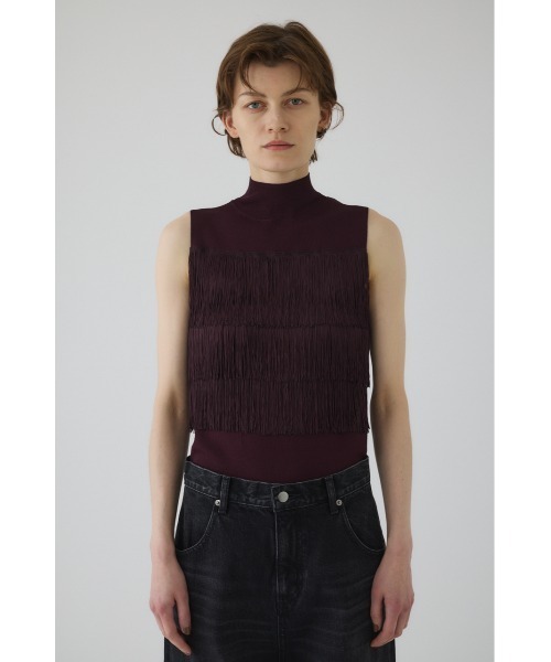 カットフリンジノースリーブニット Fringe N/S knit tops フリンジノースリーブニットトップス