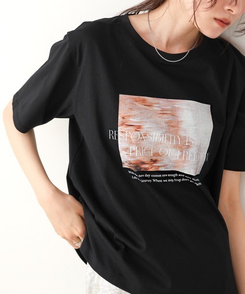 Bab（バブ）の「インクジェットプリント半袖Tシャツ（Tシャツ/カットソー・レディース・ブラック/オフホワイト・M）」の3枚目の写真