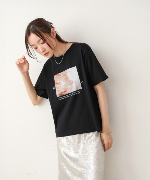 Bab（バブ）の「インクジェットプリント半袖Tシャツ（Tシャツ/カットソー・レディース・ブラック/オフホワイト・M）」の4枚目の写真