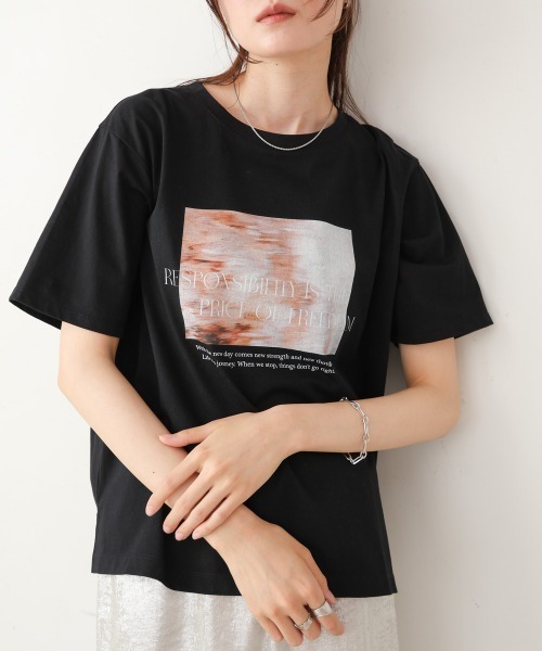Bab（バブ）の「インクジェットプリント半袖Tシャツ（Tシャツ/カットソー・レディース・ブラック/オフホワイト・M）」の9枚目の写真