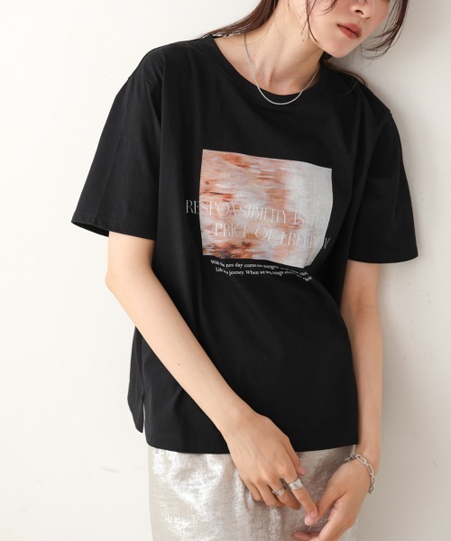 Bab（バブ）の「インクジェットプリント半袖Tシャツ（Tシャツ/カットソー・レディース・ブラック/オフホワイト・M）」の14枚目の写真