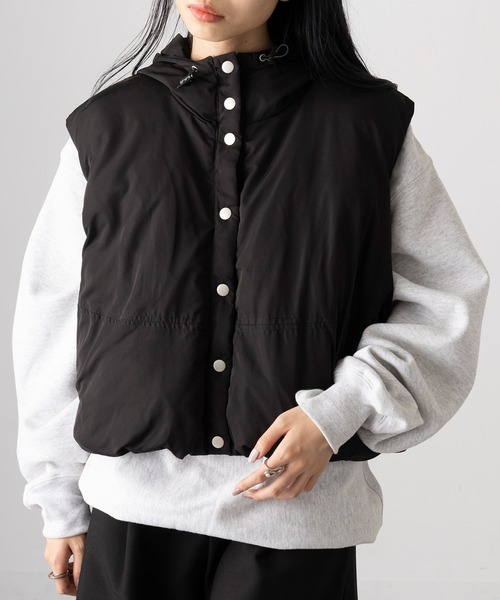 Y2K 00s フード付ダウンベスト ダブルジップ ブラック ボリューム セール】【MAGASIN DE MODE Onjna】マットタフタ ファイバーダウン