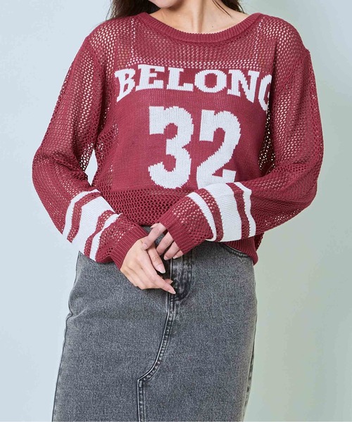 GORGE(ゴージ)の「《ナンバリング×透け感》レディース メッシュニット ロゴプルオーバー スポーツMIX 春夏秋(ニット/セーター・レディース・ボルドー/ブラック/オフホワイト・F)」の4枚目の写真